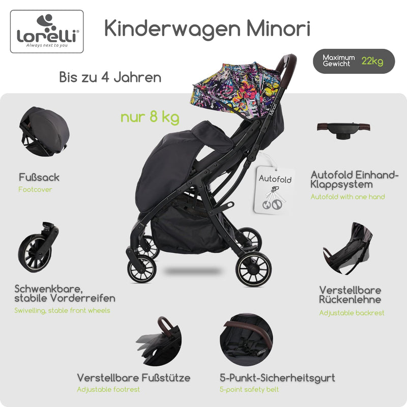 Lorelli Kinderwagen Minori, Sport Buggy klein zusammenklappbar, Autofold Einhand-Klappsystem, Nur 9,