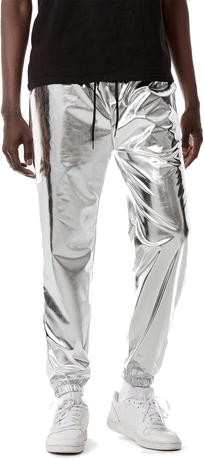 LucMatton Herren-Jogginghose, metallisch, glänzend, Disco-Party, elastische Hose S Silber, S Silber