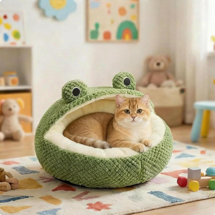 Froschform Katzenhöhle 40cm, Warmes Katzenbett Kuschelhöhle Waschbar | Niedliches Froschdesign mit w