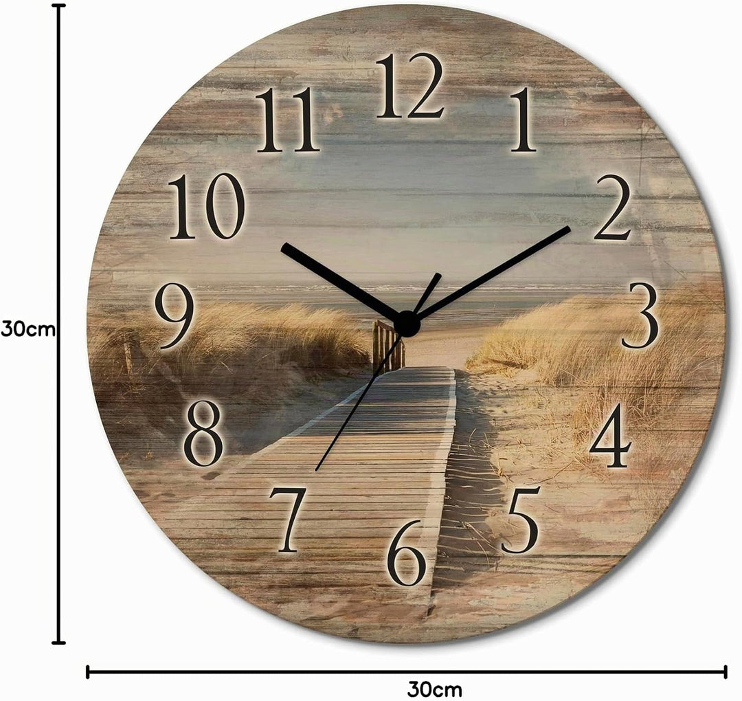 ARTLAND Wanddeko Wanduhr ohne Tickgeräusche aus Holz Quarzuhr lautlos rund Ø 30 cm Nordseestrand auf