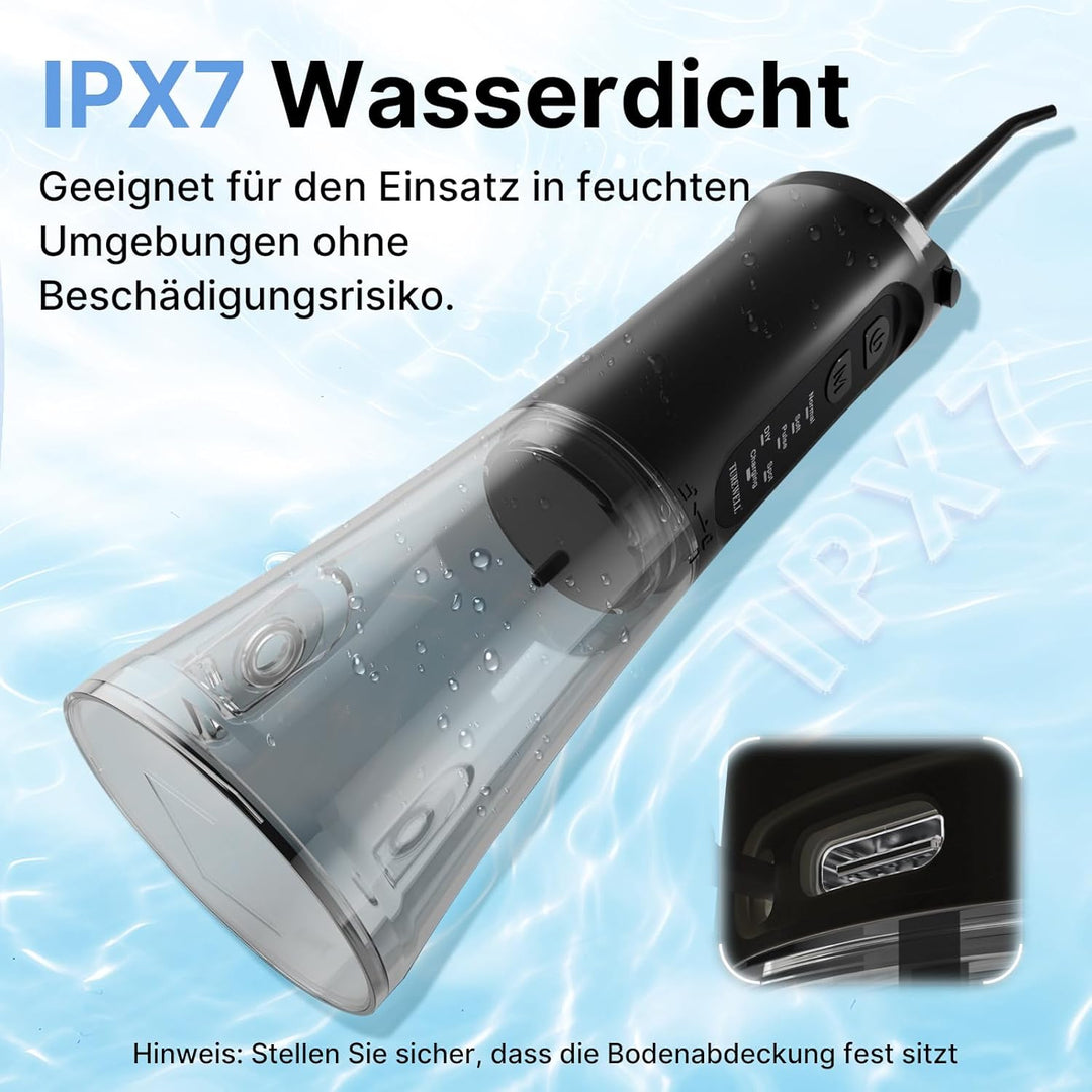 TUREWELL Munddusche Kabellos, Elektrische Zahnreiniger mit 5 Modi, 4 Düsen, 310ML Wassertank & IPX7