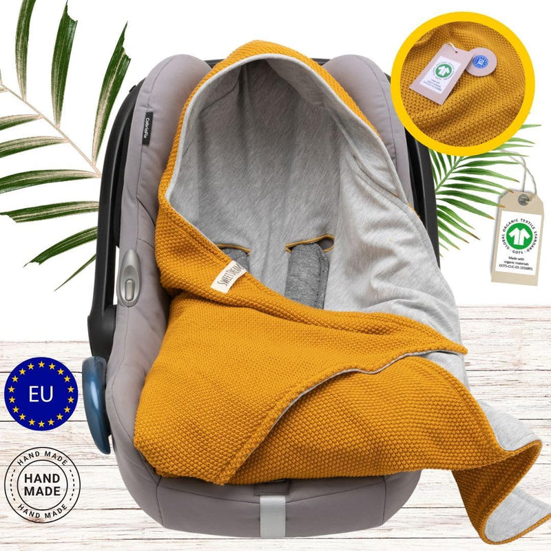 Mikos® Baby Einschlagdecke GOTS zert. 100% Bio Baumwolle Strickdecke Baumwolldecke für Autositz Für