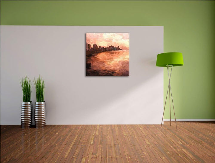 Pixxprint Stadt am Wasser, Format: 70x70 auf Leinwand, XXL riesige Bilder fertig gerahmt mit Keilrah