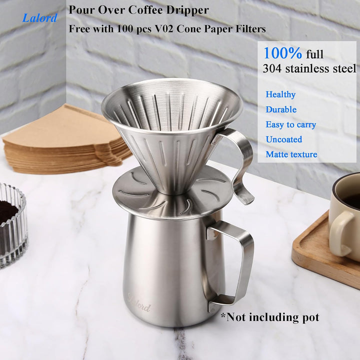 Pour Over Kaffeefilter, 304 Edelstahl mit 100 Stück Papierfilter Grösse 02 (Kaffee-Tropfer) Kaffee T