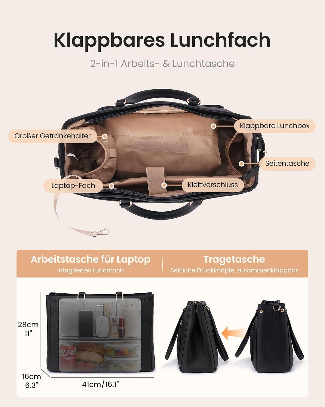 LOVEVOOK Laptoptasche Damen, Arbeitstasche mit Isoliertem Kühlfach Gross | 15,6 Zoll Laptop Handtasc