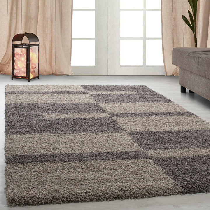 Carpetsale24 Teppich Wohnzimmer Moderne Kariert Design Shaggy Flokati 120 x 170 cm Taupe-Beige - Hoc