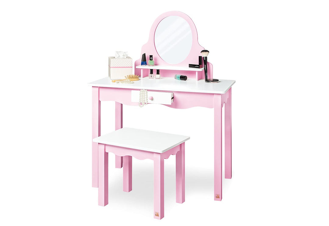 PINOLINO Kinderschminktisch Jasmin, MDF rosa und weiss lackiert, Schminktisch mit Spiegel und Hocker