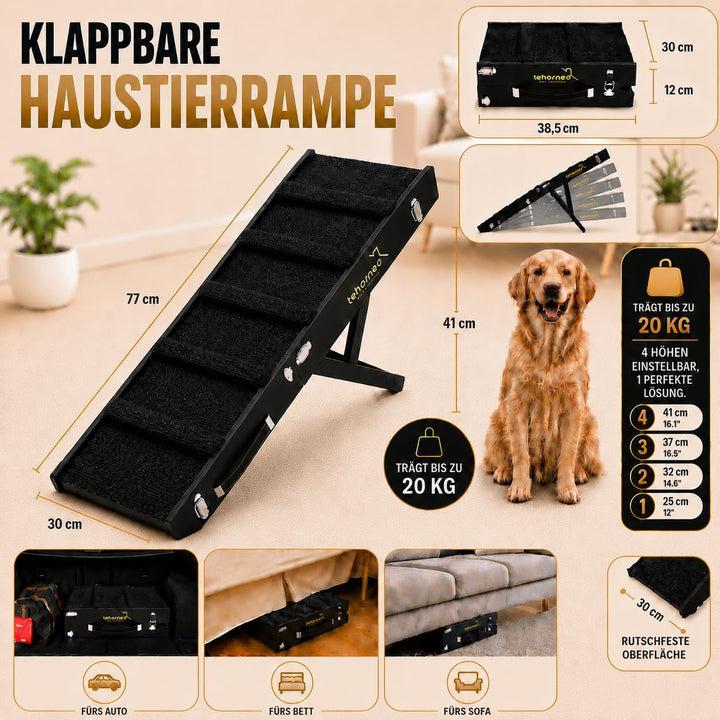 TEHORNEO Hundetreppe für Kleine Hunde, Hunderampe 4 Höhen 25-41 cm, Hunderampe Sofa, Hunde Rampe Bis