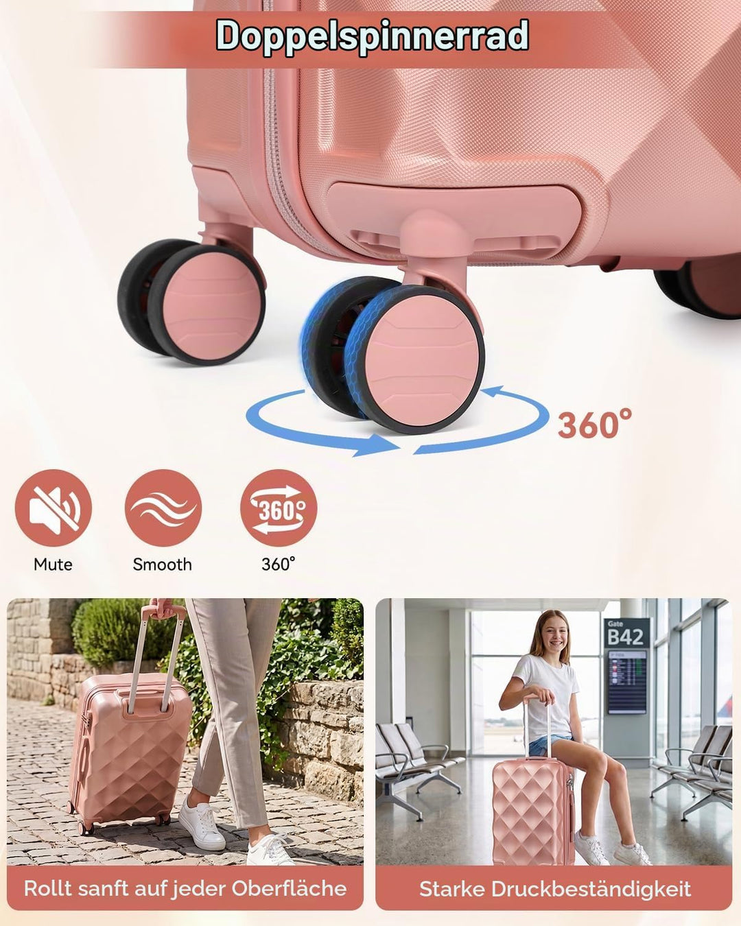 Handgepäck Koffer Trolley ABS Leicht Reisekoffer Hardschale 4 Rollen und TSA Schloss Mit 1 Reisetasc
