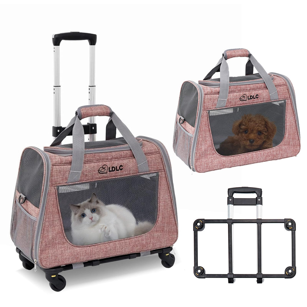 PETCUTE Katzen Transportboxen Bis zu 9 kg,Atmungsaktiv Haustier Transportbox mit Teleskopgriff und R