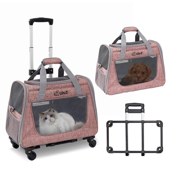 PETCUTE Katzen Transportboxen Bis zu 9 kg,Atmungsaktiv Haustier Transportbox mit Teleskopgriff und R
