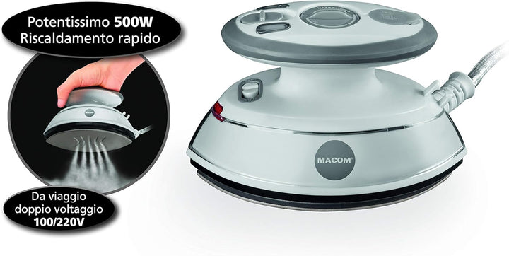 Macom Mini-Reisebügeleisen, 500 W, schnelles Aufheizen, doppelseitige Antihaft-Bügelsohle, doppelte