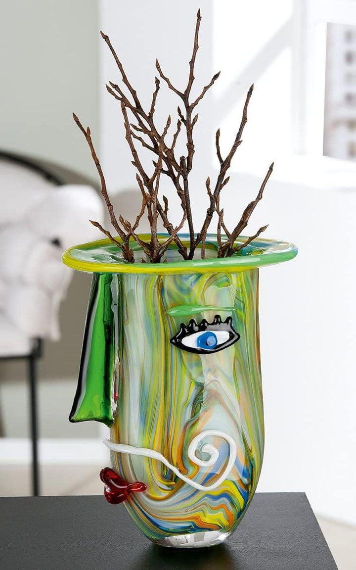 GILDE GLAS art Deko Vase - Gesichtsvase aus Glas - Kunstobjekt, Blumenvase Glasvase - Farbe: Grün Hö
