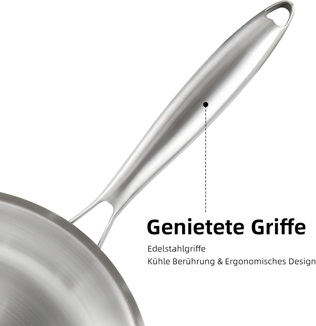 Pfanne Edelstahl Bratpfanne unbeschichtet, Induktionskompatibel langlebig hochwertige Edelstahlgriff