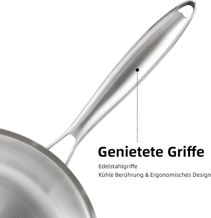 Pfanne Edelstahl Bratpfanne unbeschichtet, Induktionskompatibel langlebig hochwertige Edelstahlgriff