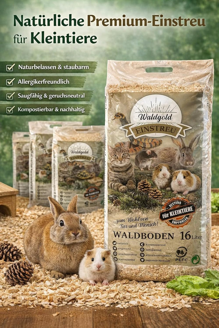 Waldgold Waldboden-Einstreu für Kleintiere 64 L, 4 Säcke – staubarm | Natürliche Holzschnitzel, geru