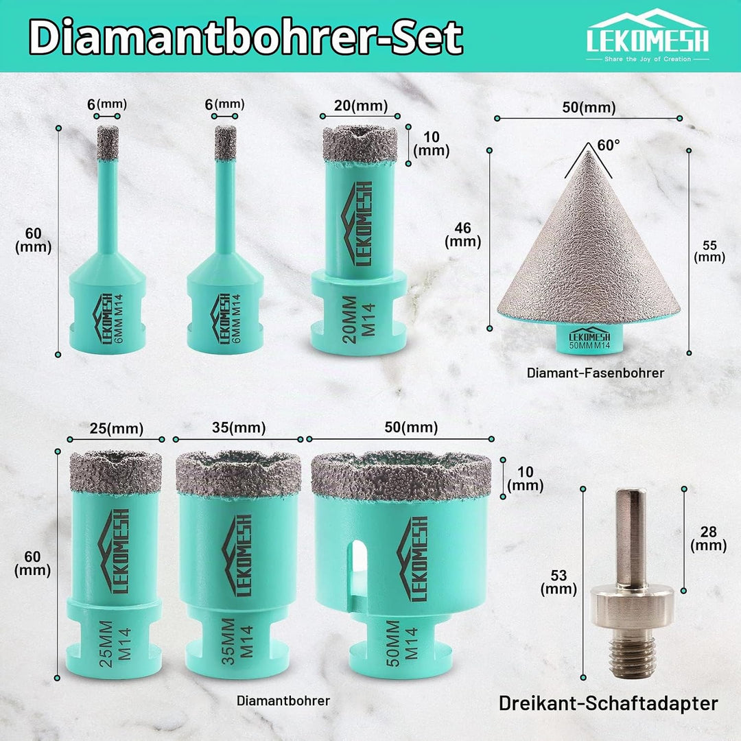 Diamant Bohrkrone Kit - 8pcs (6/6/20/25/35/50mm+50mm Diamant Fasenfräser+Adapter) LEKOMESH Diamant L