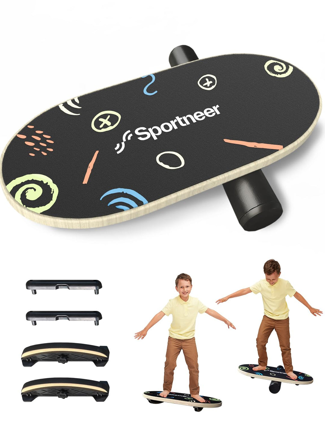 Sportneer Balance Board - Wobble Board mit verstellbaren Stoppern und Rollen - Balancier-Trainer zur
