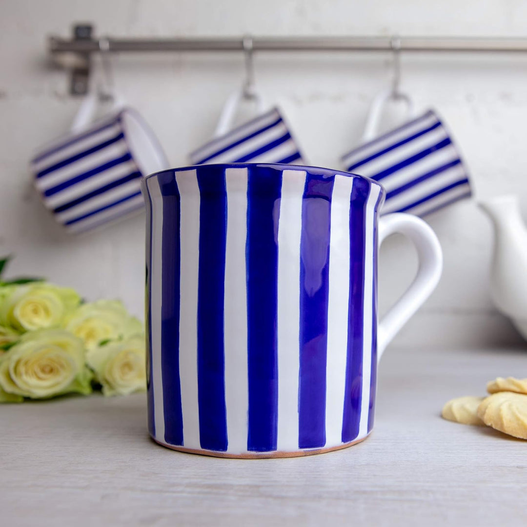City to Cottage® - Keramik XXL Becher 500 ml | Kaffeebecher | Blau-Weiss gestreift | Handgemacht | K
