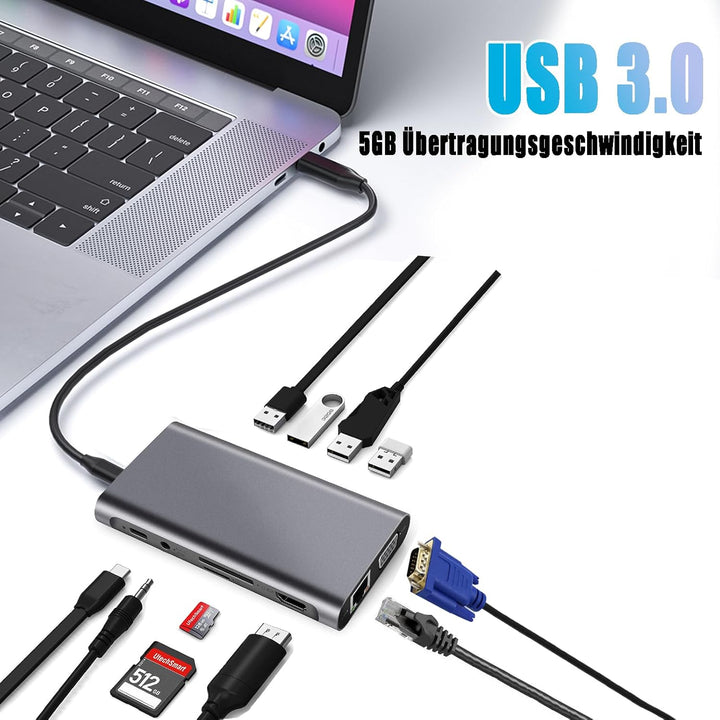 USB C HUB, Docking Station, 11-in-1 USB C Adapter mit 4K-HDMI, VGA, USB 3.0 Port, Type C PD, Etherne