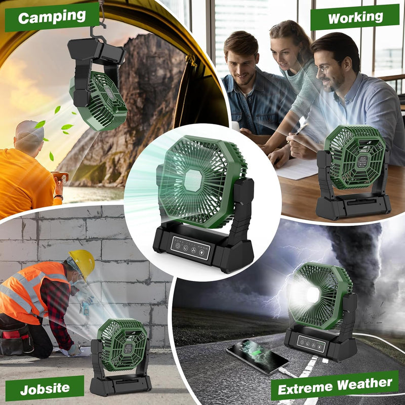 Camping Ventilator mit LED-Licht, Wiederaufladbarer Camping Fan mit Haken & Fernbedienung, 4 Geschwi