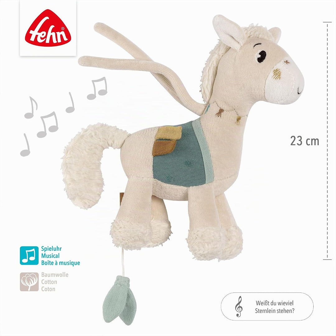 Fehn Mini-Spieluhr Pferd – Kuscheltier & Einschlafhilfe für Babys | Aufzieh-Spieluhr mit sanfter Mel