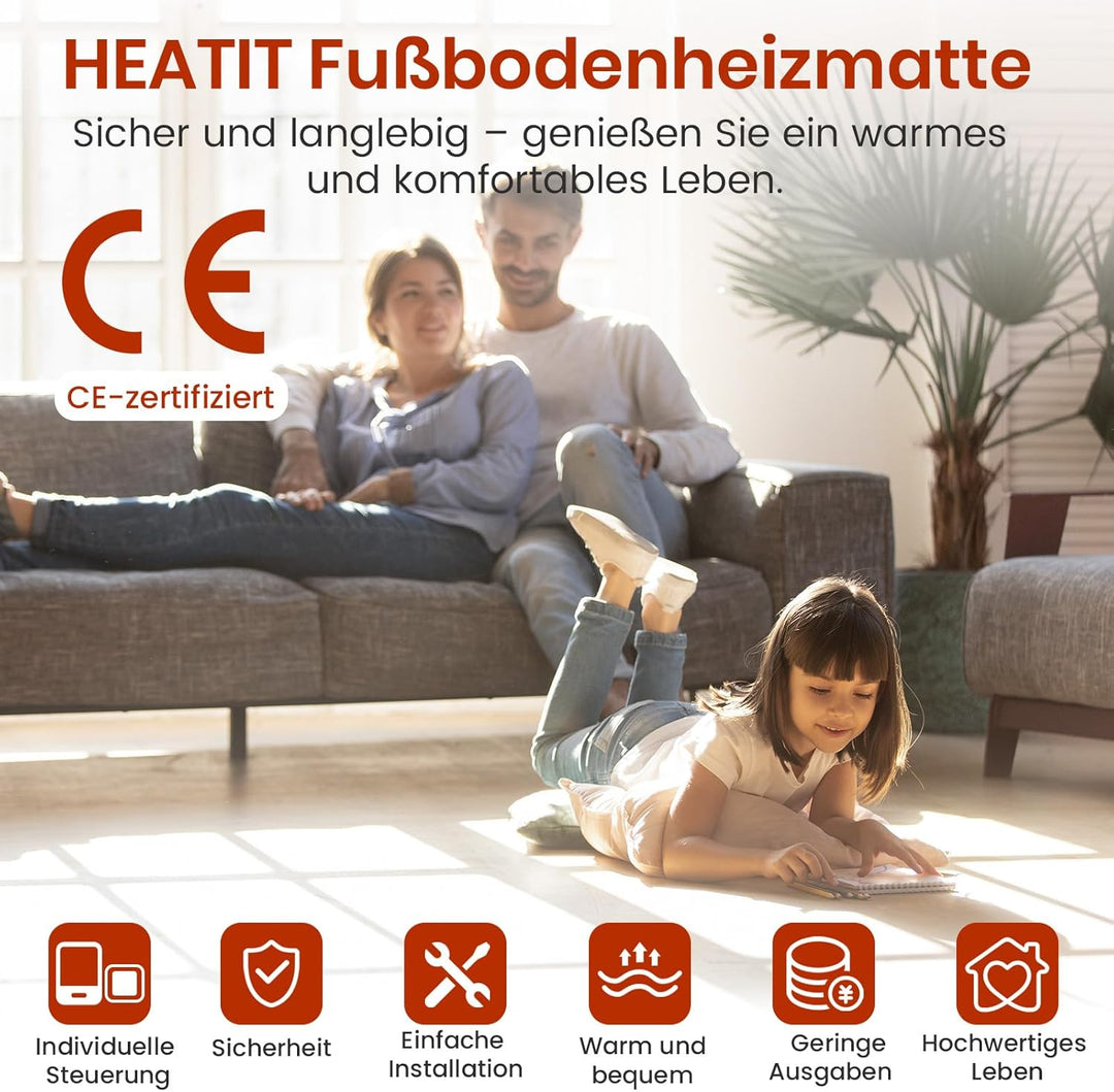 HEATIT Fussbodenheizung Matte, elektrisch, selbstklebend, Fussbodenheizung, 150W/㎡ Warmmat (1㎡ 84K)