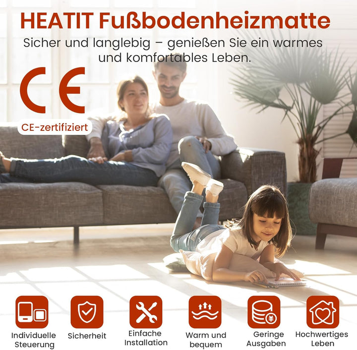 HEATIT Fussbodenheizung Matte, elektrisch, selbstklebend, Fussbodenheizung, 150W/㎡ Warmmat (1㎡ 84K)