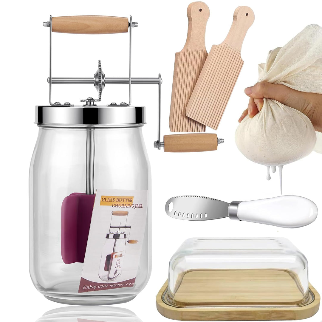 Butterfass Glas mit Handkurbel, 1,5L Butterfass Zum Butter Machen Mit Holzgriff Edelstahlgetriebe Ma