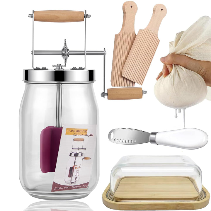 Butterfass Glas mit Handkurbel, 1,5L Butterfass Zum Butter Machen Mit Holzgriff Edelstahlgetriebe Ma