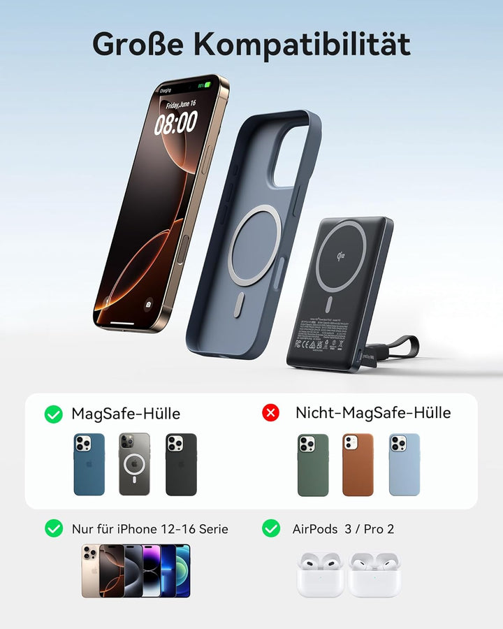 INIU Qi2-zertifizierte 20W Magnetische Powerbank, 5000mAh Ultra Slim Externe Batterie, Travel Wirele