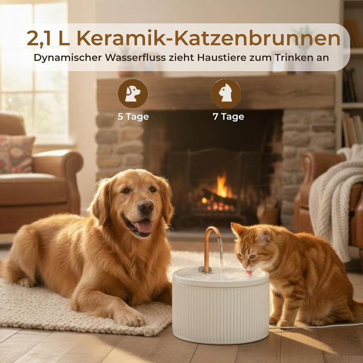 Keramik Katzenbrunnen 2.1L mit Kupferrohr, Trinkbrunnen für Katzen, Flüsterleiser Wasserspender für