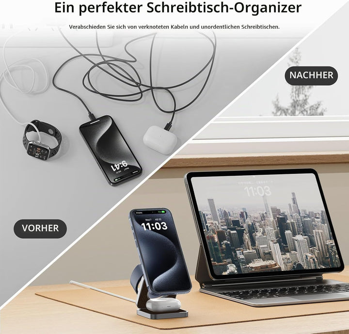 KU XIU X40 3-in-1 Induktive Ladestation – Kabelloses magnetisches Ladegerät, Faltbares Reiseladegerä