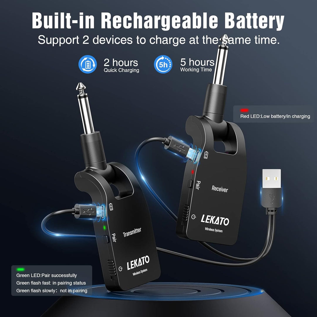 LEKATO 2.4GHz Aufgerüstet Wireless Gitarrensystem E Gitarren Sender mit Kabellos Gitarre Transmitter