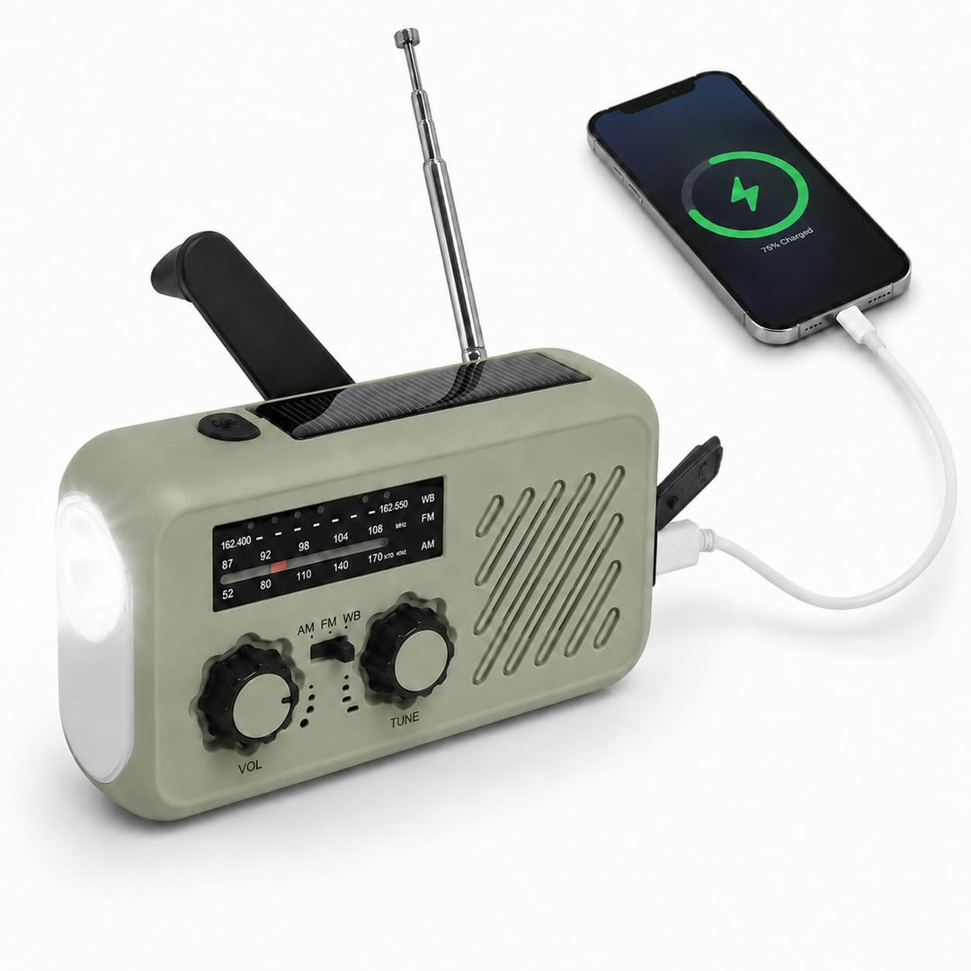 BOROCO Notfall-Solarradio, Selbstbetriebenes Kurbelradio mit LED-Taschenlampe, SOS-Alarm,AM/FM Wette