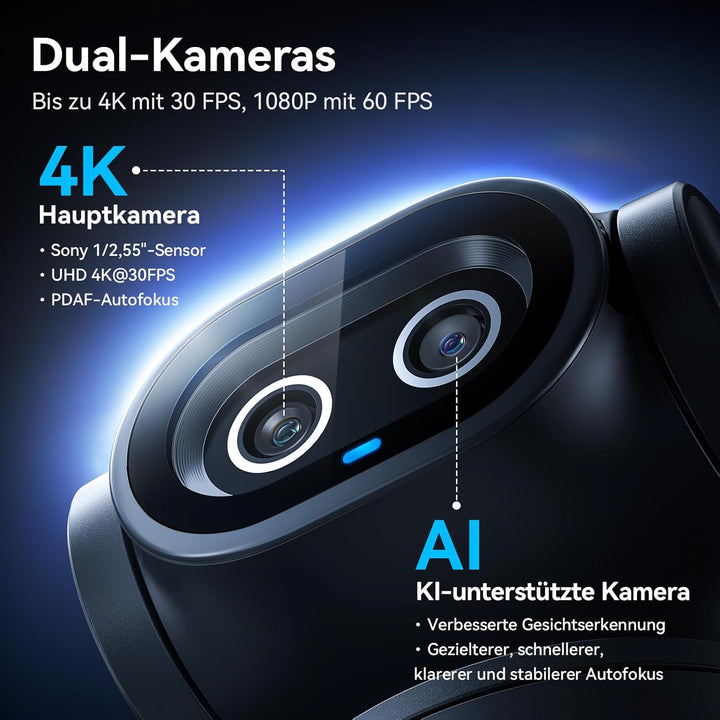 EMEET PIXY Dual-Kamera KI Webcam 4K mit Stativ, AI-Tracking, PDAF & AI-Autofokus 0,2S, 1/2,55'' Sony
