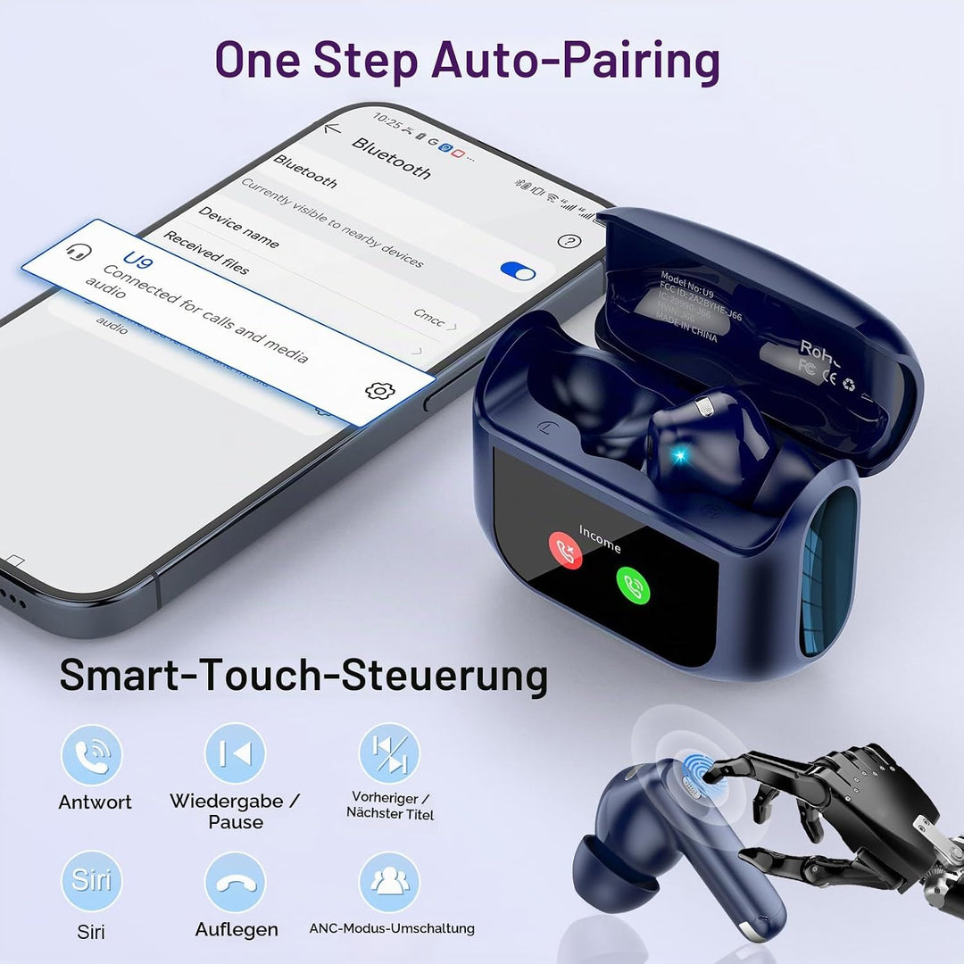 Touchscreen In Ear Bluetooth Kopfhörer ANC+ENC Noise Cancelling Mic Blau | Kopfhörer Kabellos Blueto