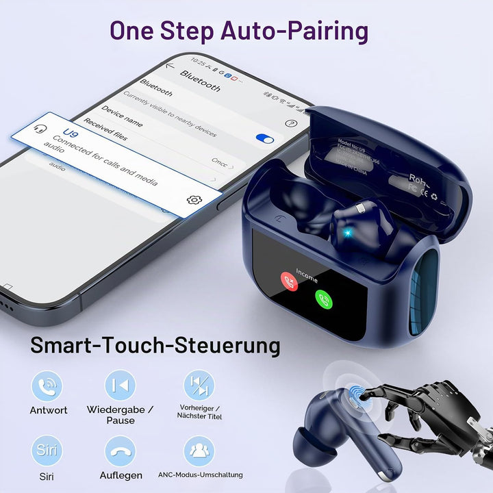 Touchscreen In Ear Bluetooth Kopfhörer ANC+ENC Noise Cancelling Mic Blau | Kopfhörer Kabellos Blueto
