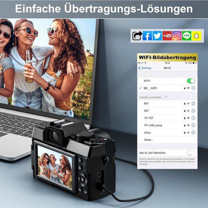 64MP Digitalkamera 8K für Fotografie & Vlogging, 180° Flip Screen Kamera mit WiFi, 16X Zoom, Externe