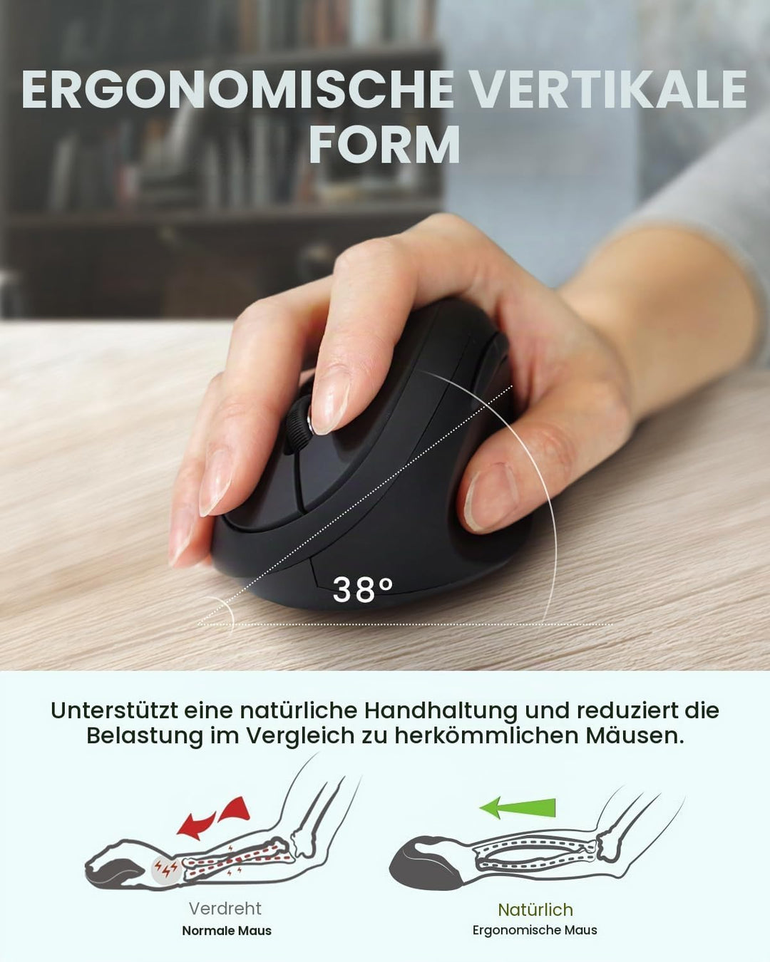 Perixx PERIMICE-719RX Kabellose Duo-Akku Ergonomische Vertikale Maus, 2.4GHz, 6 Tasten, Einstellbare