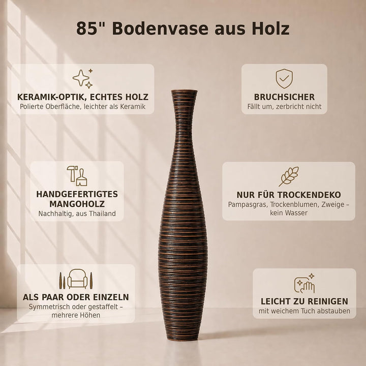 Leewadee Grosse Bodenvase für Dekozweige hohe Standvase Design Holzvase, Holz, 90 cm, Braun 90 cm Br