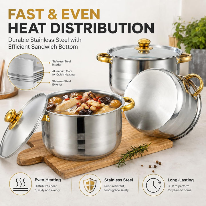 Topfset Edelstahl 10-teilig für Induktion, Kochtopf Set mit Glasdeckel, 5 Kochtöpfe von 18 bis 26 cm