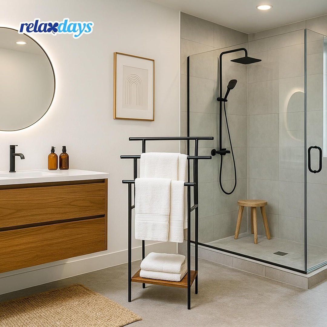 Relaxdays Handtuchständer, Ablage, 3 Stangen, HBT: 100 x 68 x 30 cm, Industrial, stehender Handtuchh