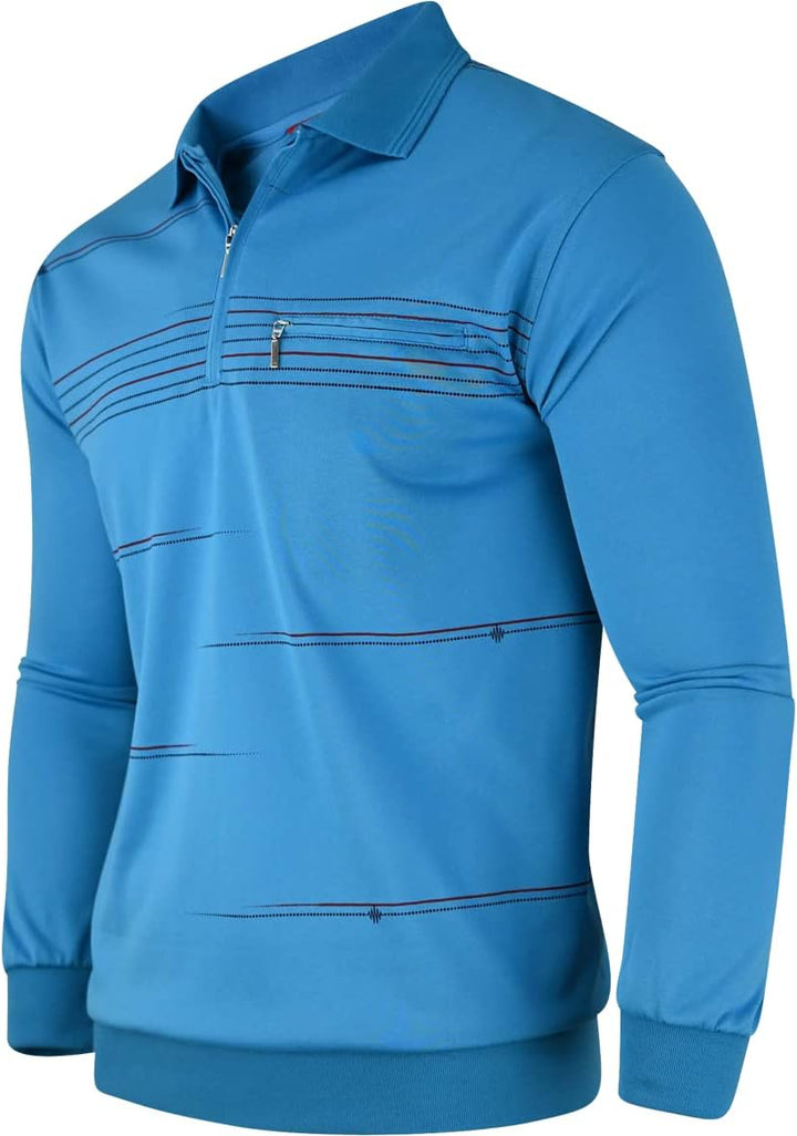 Soltice Herren Langarm Poloshirt mit Brusttasche, Polohemd mit kariert, Gestreiftem Kragen, Blousons
