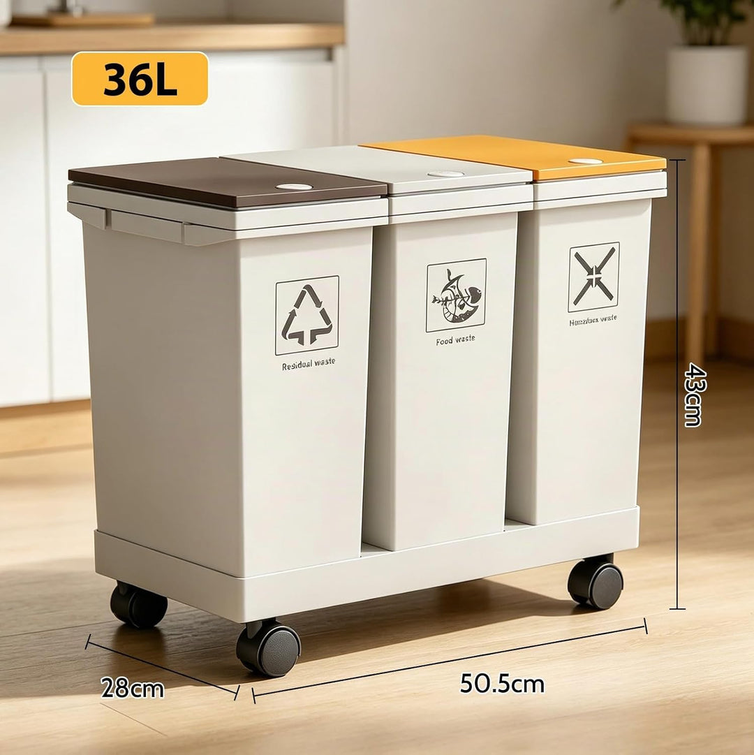 3-er Mülleimer-Set, 3 X 12L Küche Mülltrennsystem mit Standfuss | Abnehmbarer Differenzierter Abfall