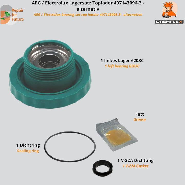 DREHFLEX - Lagersatz SET Toplader kompatibel für AEG/Electrolux 4055070744 + 4071430963 / für rechts