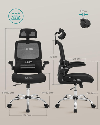 SONGMICS Bürostuhl, Schreibtischstuhl, ergonomisch, klappbare Armlehnen, hohe Rückenlehne, Netzstuhl