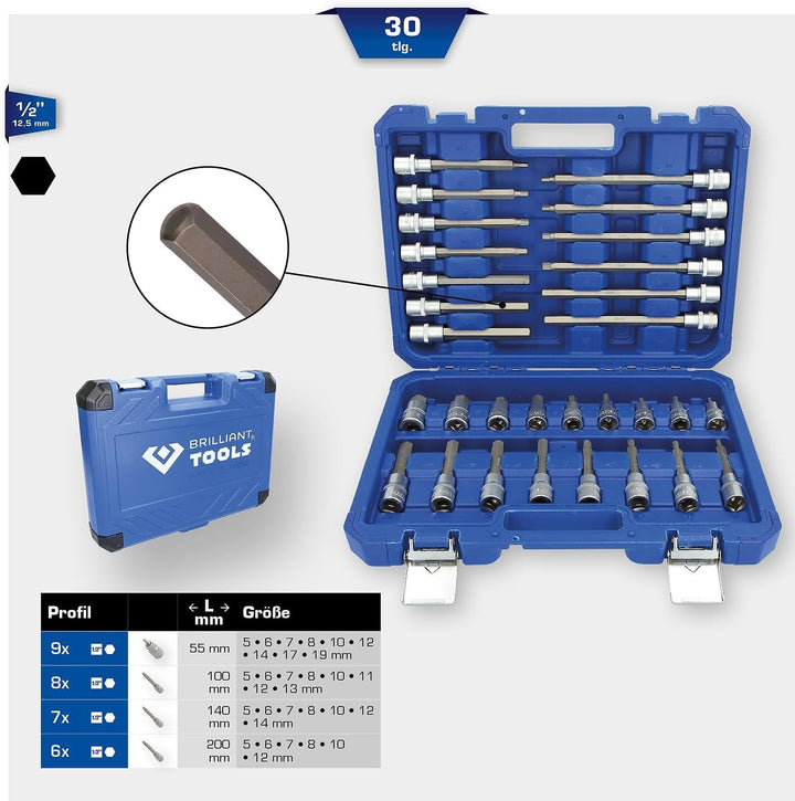 BRILLIANT TOOLS BT022030 1/2" Bit-Stecknuss-Satz, 30-tlg, Innensechskant-Profil [Powered by KS TOOLS
