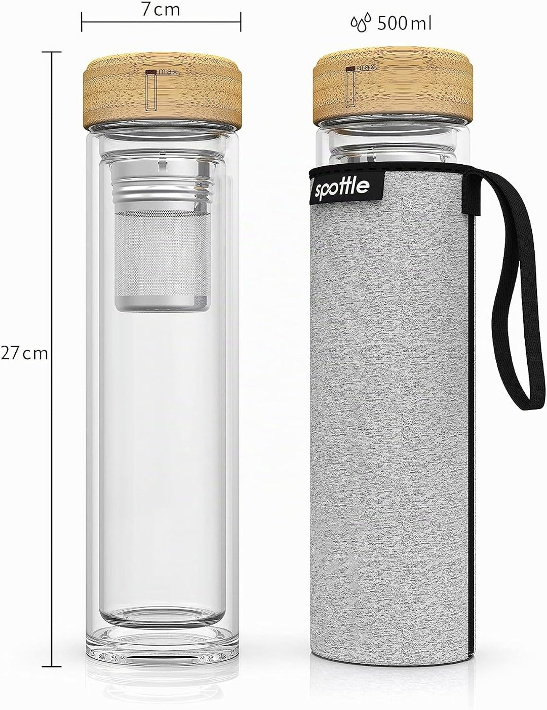 spottle Teeflasche mit sieb to go - Trinkflasche für Tee aus Glas in 500ml, 650ml, 1 Liter - Teekann