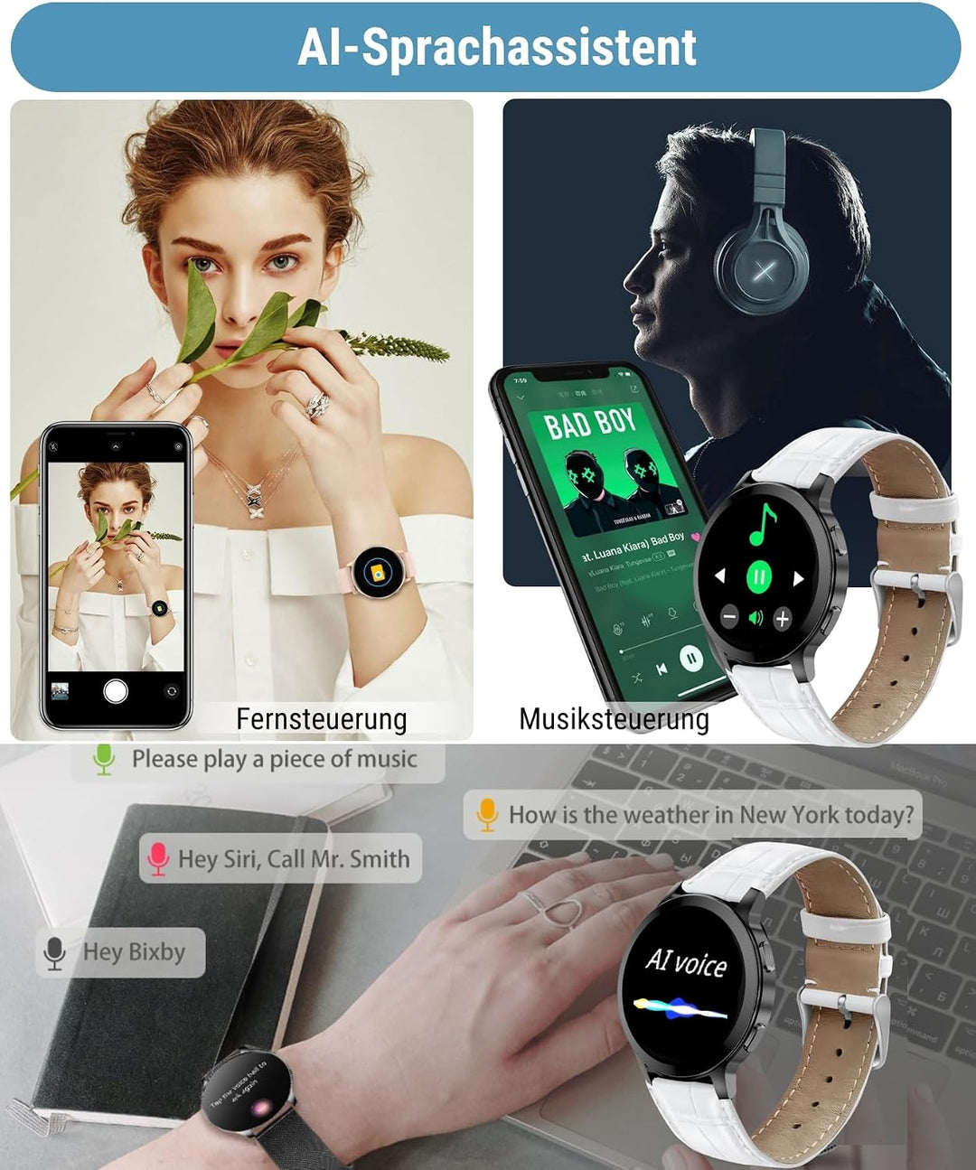 Smartwatch Herren Damen mit Telefonfunktion, 1.5" Fitnessuhr Armbanduhren Sportuhr mit Pulsmesser, M